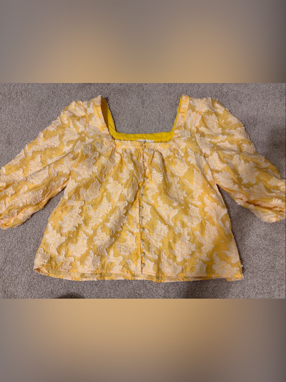 Anthropologie Yellow Textured Puff Sleeve Square-Neck Blouse